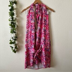 Laagam Pink Floral Halter Front Tie Sustainable Mini Dress